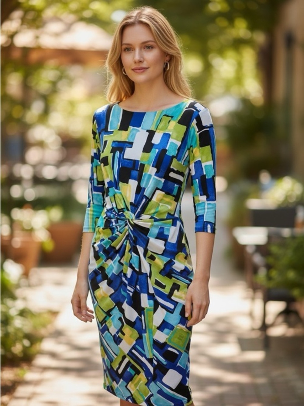 Kiara Blue, Green & White Abstract Twist-Front Long Sleeve Dress
